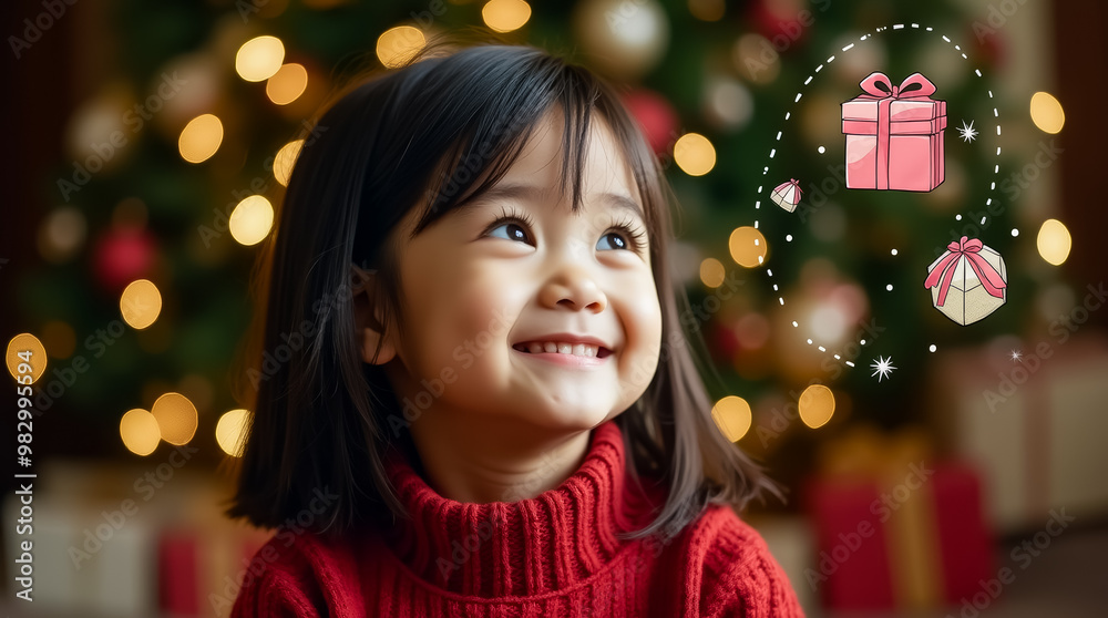 A young girl in a red sweater smiles joyfully as she looks up, envisioning colorful gifts beside a beautifully adorned Christmas tree illuminated with lights A young girl in a red sweater smiles joyfully as she looks up, envisioning colorful gifts beside a beautifully adorned Christmas tree illuminated with lights