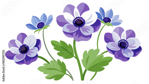 Elegant Purple Anemone Flower Illustration - Stunning Floral Art with Vibrant Petals and Green Leaves, Ideal for Decor and Designs, Anemone Vector Illustration, Vector Flower Illustration
