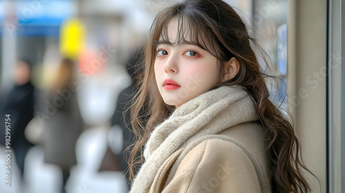 Young Woman in a Tan Coat and Scarf Poses on a Busy City Street