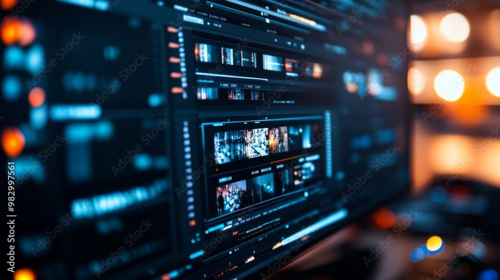 A detailed view of a computer display showing a complex video editing timeline with numerous clips arranged for editing, highlighting the creative process A detailed view of a computer display showing a complex video editing timeline with numerous clips arranged for editing, highlighting the creative process