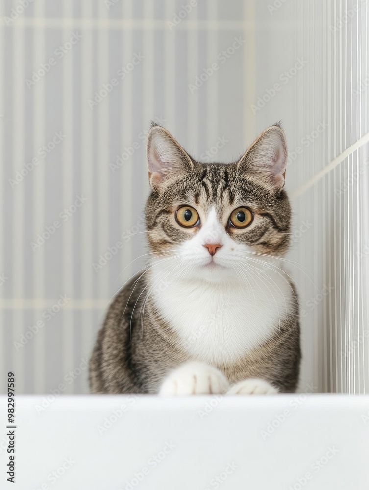 Curious Cat Gazing Upward: Close-Up Shot of a Feline with Captivating Eyes, Showcasing Its Whiskers and Soft Fur in a Natural Light Setting