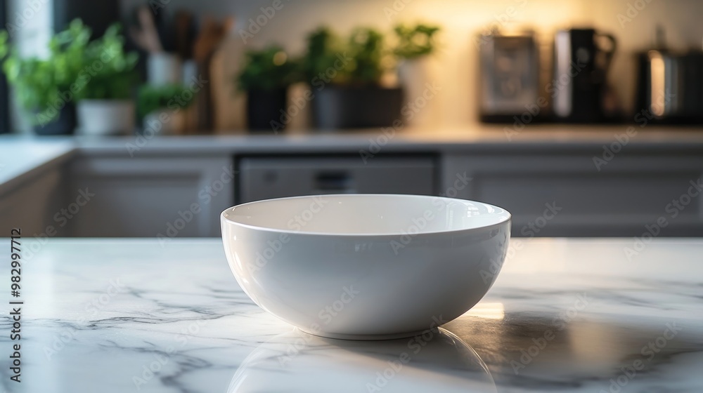 A white porcelain bowl sits elegantly on a polished marble countertop. The minimalist kitchen features soft lighting and lush greenery in the background, creating a serene atmosphere A white porcelain bowl sits elegantly on a polished marble countertop. The minimalist kitchen features soft lighting and lush greenery in the background, creating a serene atmosphere