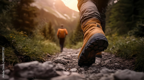 Hiker Walks on Rocky Trail Towards Mountain Peak at Sunset