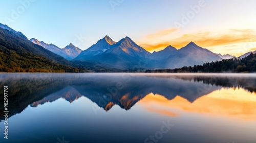 Still waters of a mountain lake reflecting the surrounding peaks and the soft, early morning light