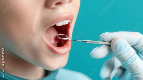 Close-up of a child with open mouth during a dental examination by a dentist using a dental mirror on a turquoise background.