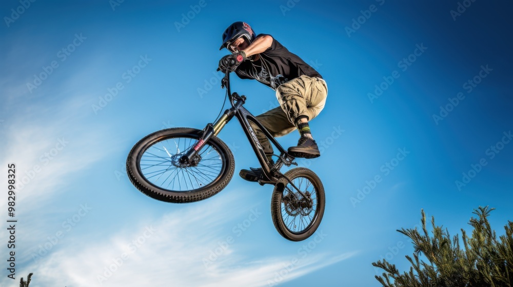 A daring biker performs a high-flying stunt against a clear blue sky, capturing the spirit of adventure and extreme sports. A daring biker performs a high-flying stunt against a clear blue sky, capturing the spirit of adventure and extreme sports.