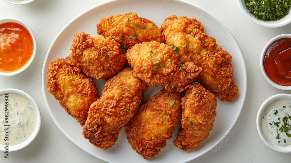 Crispy gourmet fried chicken tenders are beautifully arranged on a white plate, surrounded by a variety of dipping sauces for a delightful dining experience