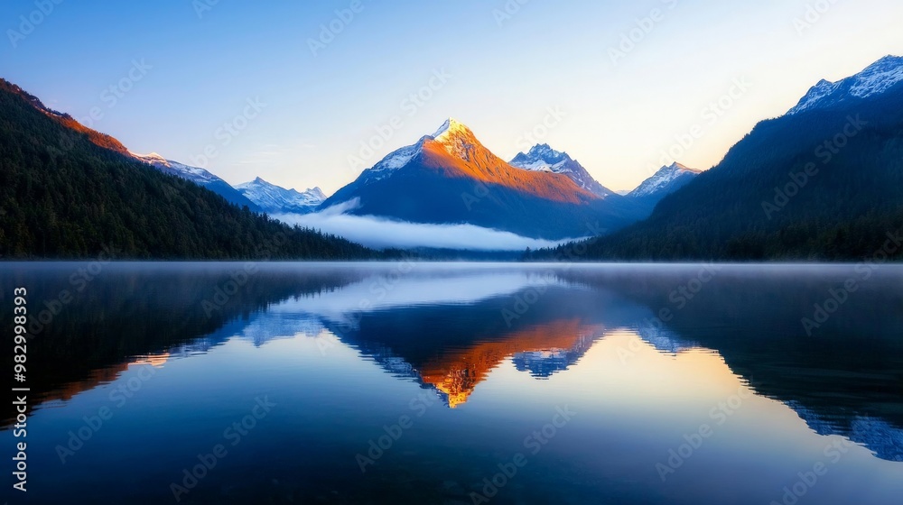 Still waters of a mountain lake reflecting the surrounding peaks and the soft, early morning light Still waters of a mountain lake reflecting the surrounding peaks and the soft, early morning light