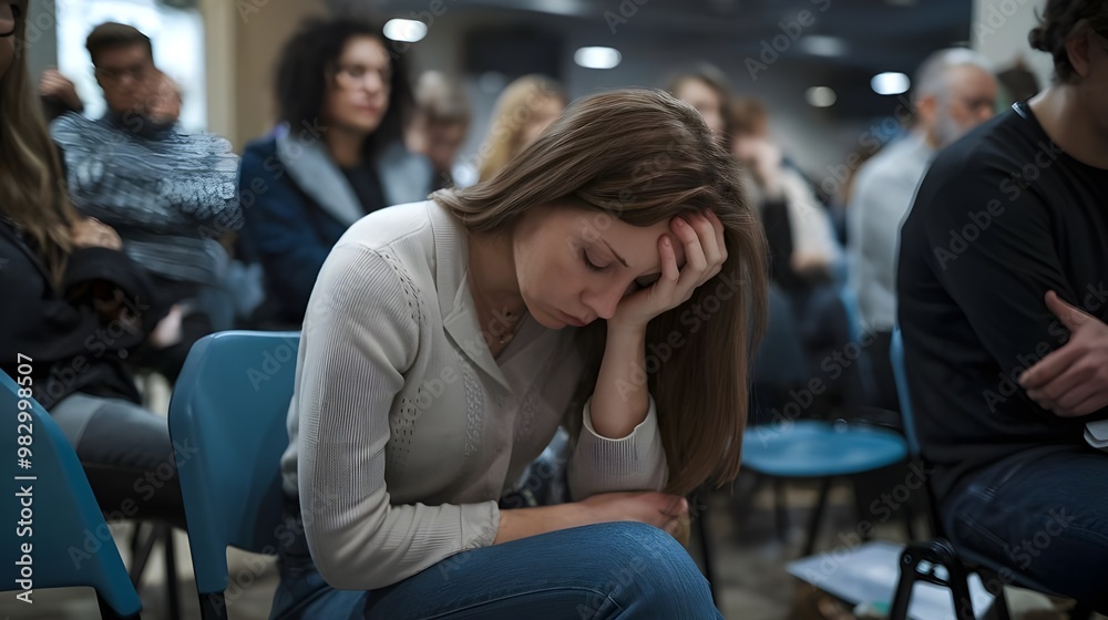 A sad and depressed woman sitting in a support group meeting for mental health and addiction issues. The woman has her head bowed down and is sitting with her hands in her lap. A sad and depressed woman sitting in a support group meeting for mental health and addiction issues. The woman has her head bowed down and is sitting with her hands in her lap.