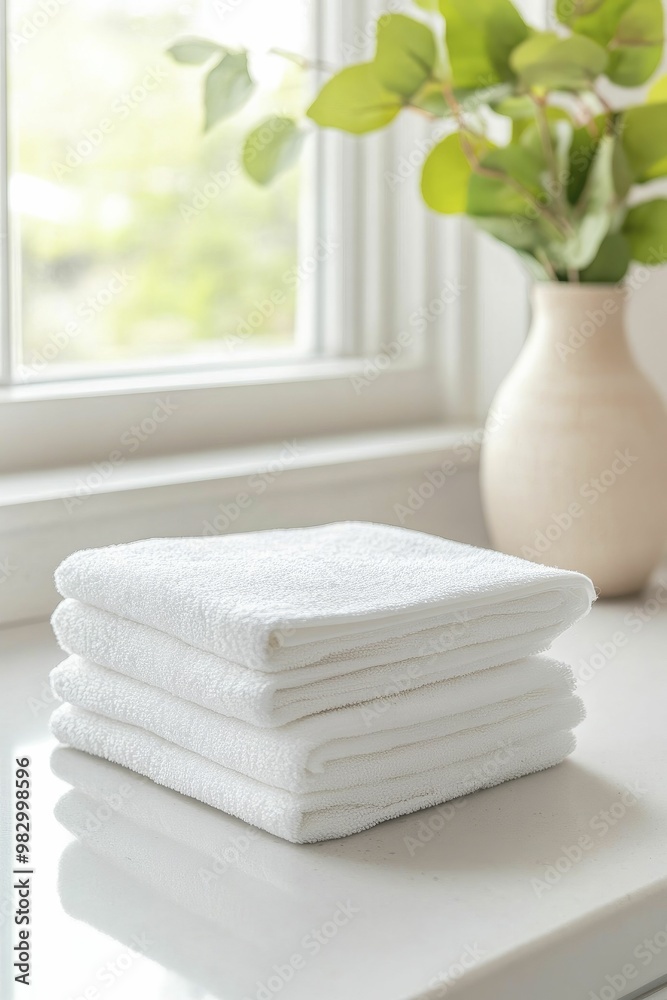 Neatly Stacked Towels on a Sunny Window Sill, Soft Textures and Vibrant Colors Highlighting a Cozy, Inviting Atmosphere in a Serene Indoor Setting Neatly Stacked Towels on a Sunny Window Sill, Soft Textures and Vibrant Colors Highlighting a Cozy, Inviting Atmosphere in a Serene Indoor Setting