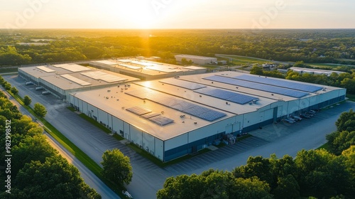 A vast warehouse complex showcases solar panels reflecting sunlight, nestled among trees and grassy areas during a picturesque sunset in an industrial zone