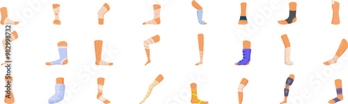 Foot bandage icons set. Collection of injured legs, showcasing various types of bandages, casts, and orthopedic equipment used for treatment and support