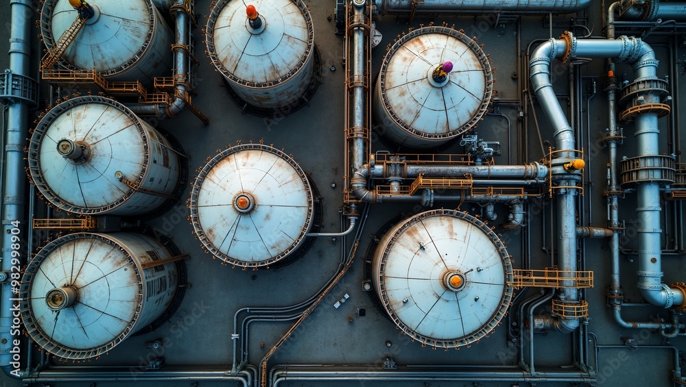Industrial oil refinery with workers in safety gear massive tanks pipes and walkways Industrial oil refinery with workers in safety gear massive tanks pipes and walkways