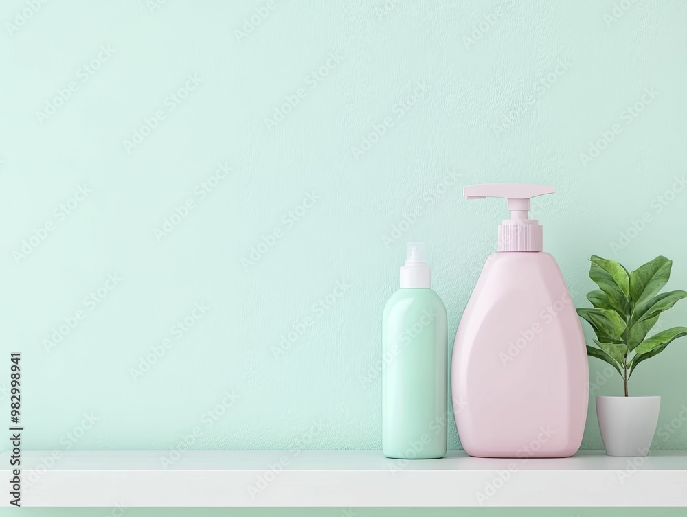Serene Bathroom Aesthetic Featuring Lush Green Plant and Elegant Lotion Bottle for a Relaxing Spa-like Atmosphere Serene Bathroom Aesthetic Featuring Lush Green Plant and Elegant Lotion Bottle for a Relaxing Spa-like Atmosphere
