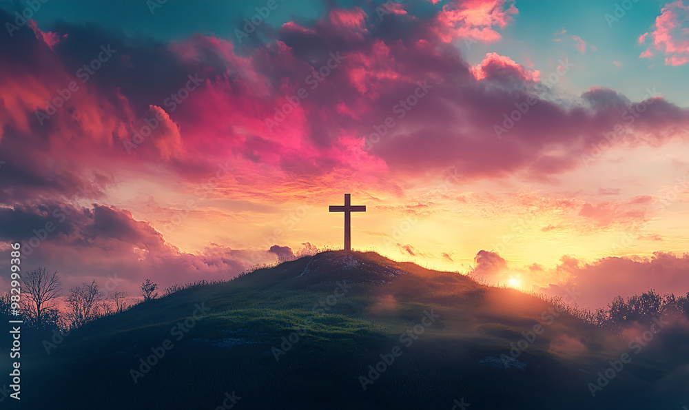 Fototapeta premium A cross on the hill with a sunset sky background, an Easter concept