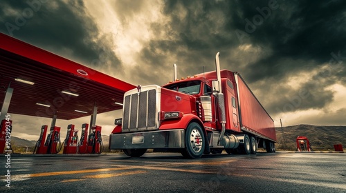 A towering red semi truck rests at a gas station, capturing attention with its bold presence. Dramatic clouds loom overhead, enhancing the atmosphere photo