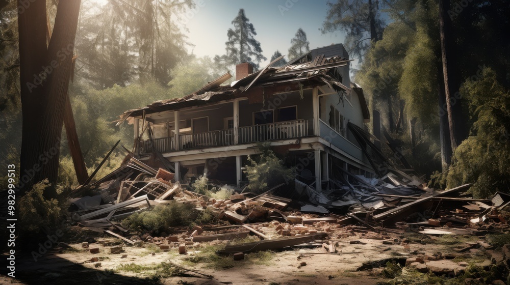 A sunlit, dilapidated house surrounded by tall trees and rubble, evoking a sense of abandonment and nature's reclaim. A sunlit, dilapidated house surrounded by tall trees and rubble, evoking a sense of abandonment and nature's reclaim.