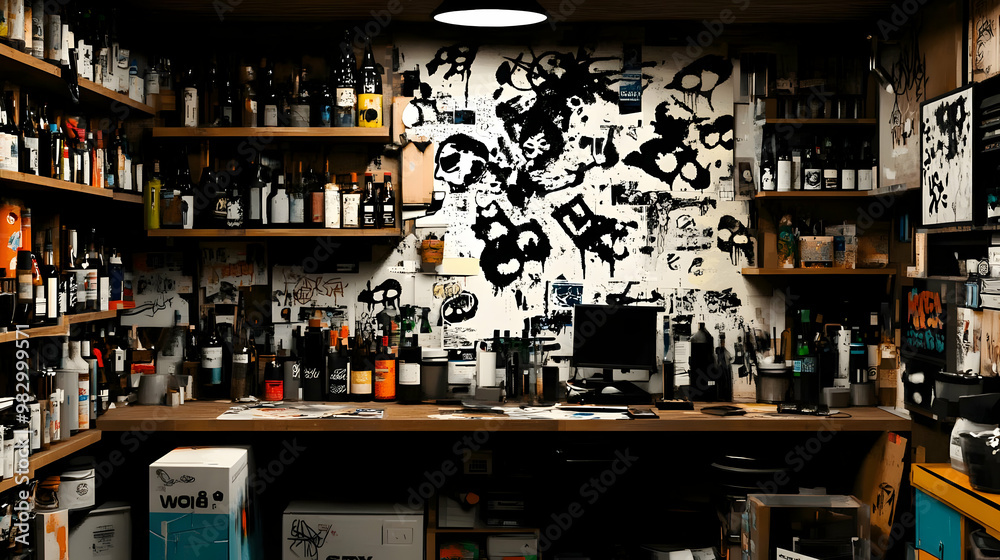 A Workspace Decorated with Graffiti Art and Filled with Bottles and Supplies A Workspace Decorated with Graffiti Art and Filled with Bottles and Supplies