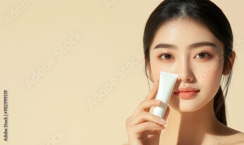 Woman applying white cream to her face.