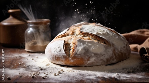 A fresh loaf of rustic bread, dusted with flour, sits on a wooden table, evoking a sense of homeliness and warmth. photo