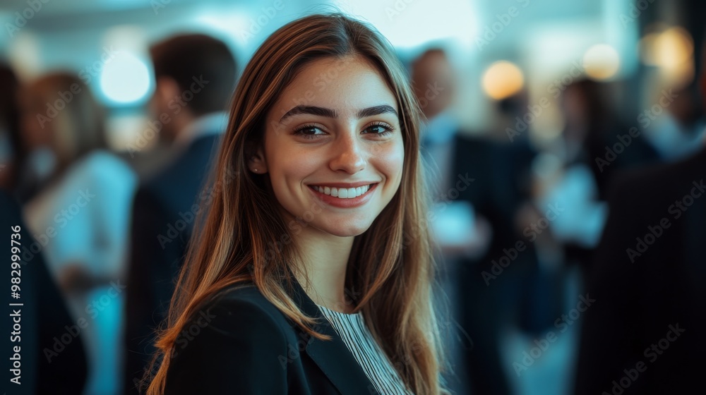 In a vibrant and modern event space, a young professional woman beams with confidence while engaging with fellow attendees at a networking event In a vibrant and modern event space, a young professional woman beams with confidence while engaging with fellow attendees at a networking event