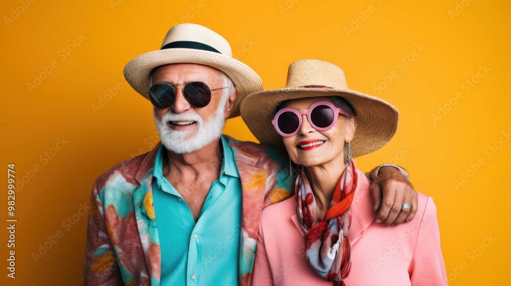 An elderly couple dressed in bright, stylish clothes smile joyously, exuding happiness and a love for life against a vibrant yellow background. An elderly couple dressed in bright, stylish clothes smile joyously, exuding happiness and a love for life against a vibrant yellow background.