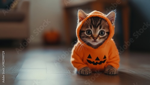 Wallpaper Mural Cute Kitten Dressed in Orange Costume with Cat Ears Torontodigital.ca