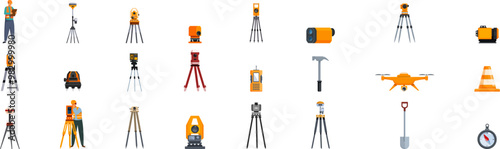 Geodetic equipment icons set. Surveyor equipment set for measuring land and height with modern technology icons set in flat style