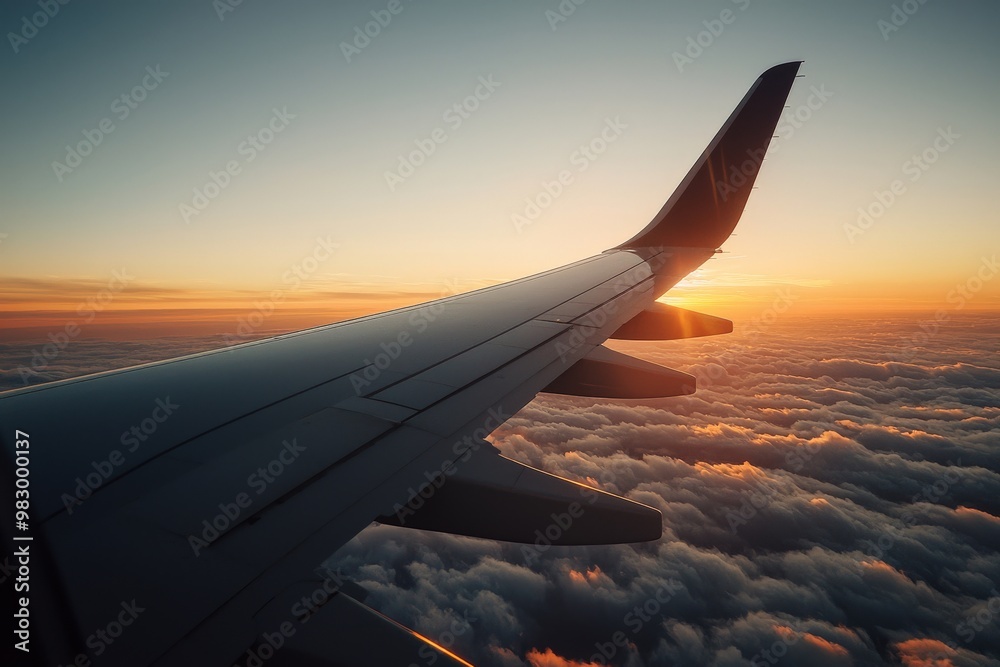 The wing of an airplane viewed from a window, with a clear sky and distant clouds below, evoking the excitement of travel The wing of an airplane viewed from a window, with a clear sky and distant clouds below, evoking the excitement of travel