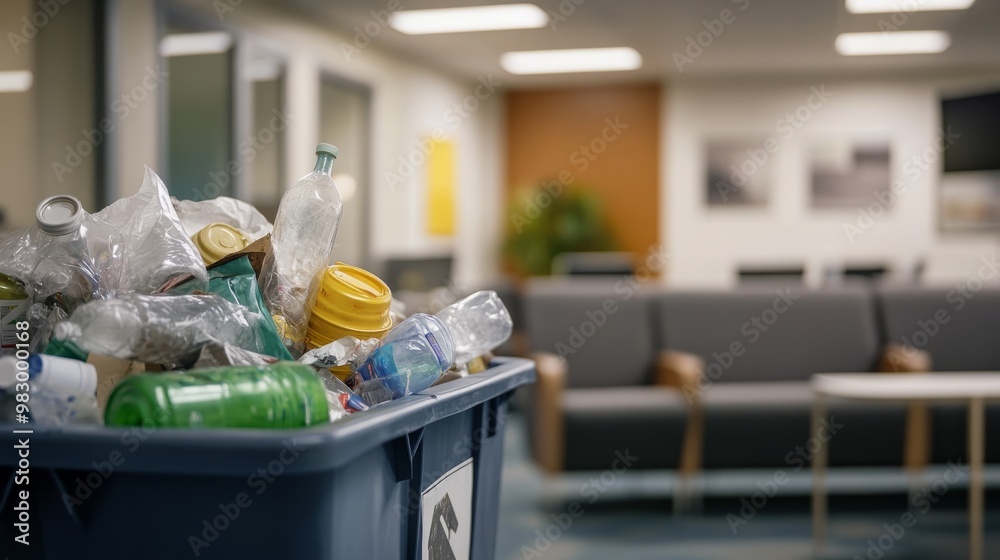 A recycling bin in a corporate breakroom is filled with crumpled paper and various discarded plastic bottles, highlighting waste management in office spaces A recycling bin in a corporate breakroom is filled with crumpled paper and various discarded plastic bottles, highlighting waste management in office spaces