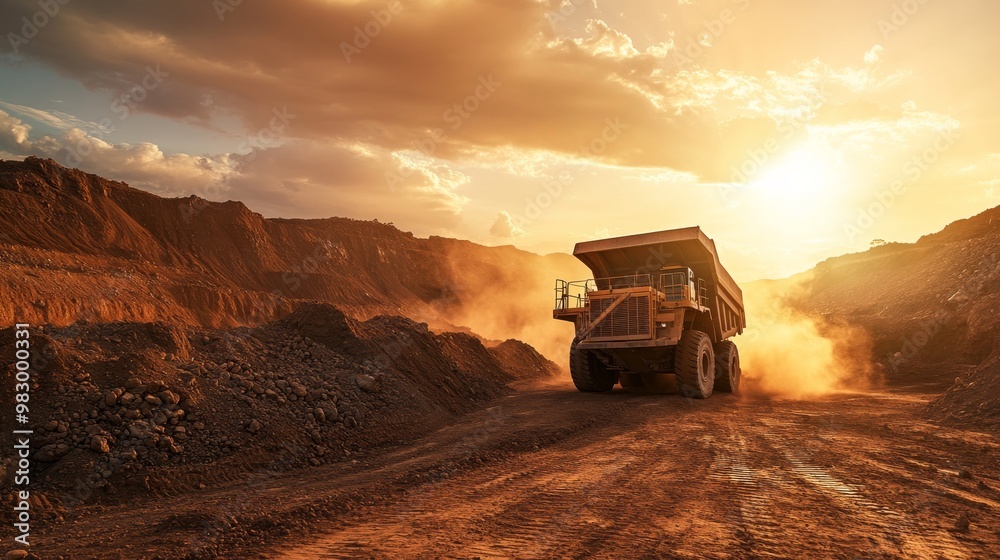 A large dump truck drives along a dirt road at a construction site, kicking up dust as the sun sets in the background, illuminating the rugged terrain