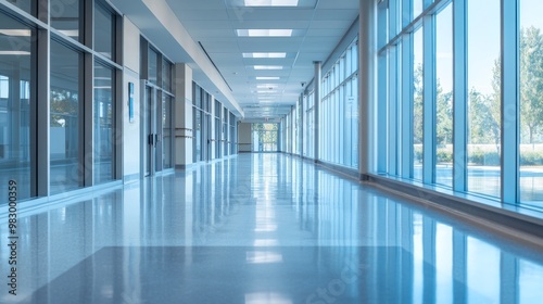 A well-lit hospital hallway features a sleek minimalist design, characterized by large windows allowing natural light to illuminate the polished floors and modern decor