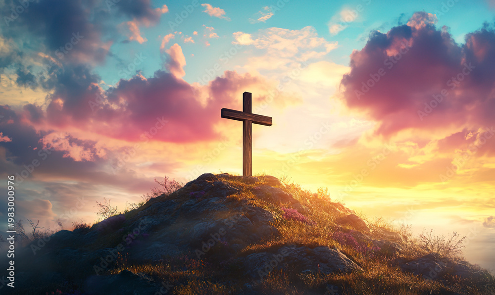 A cross on the hill with a sunset sky background, an Easter concept A cross on the hill with a sunset sky background, an Easter concept