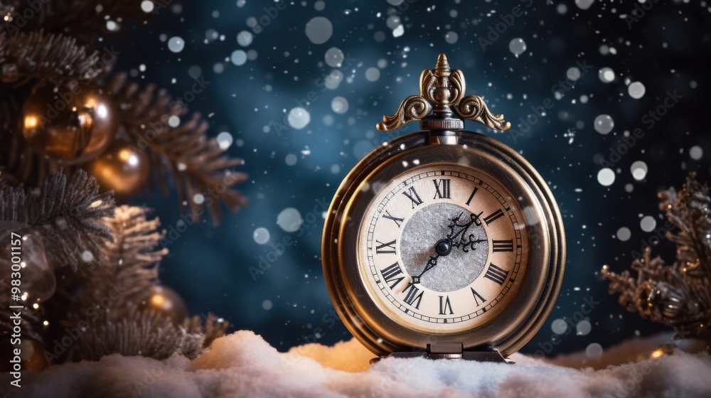 Elegant antique clock surrounded by festive ornaments and snowflakes, embodying the enchanting charm of a winter wonderland. Elegant antique clock surrounded by festive ornaments and snowflakes, embodying the enchanting charm of a winter wonderland.