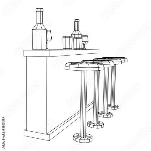 Bar counter with stools, bar top with bottles and glasses. Wireframe low poly mesh vector illustration.