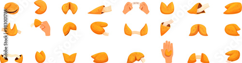 Fortune cookie icons set. Fortune cookie set with hand holding prediction paper and gesture icons set cartoon style on white background