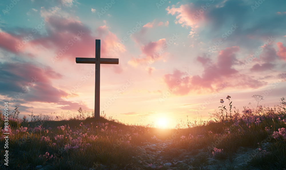 A cross on the hill with a sunset sky background, an Easter concept A cross on the hill with a sunset sky background, an Easter concept