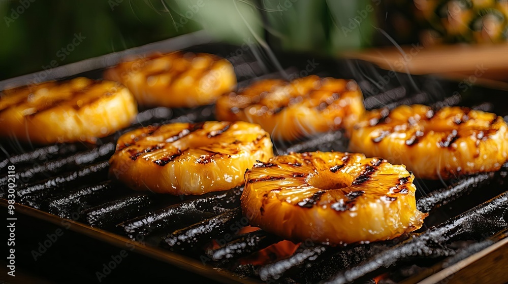 Juicy pineapple slices on a grill, caramelizing with sugar, tropical and sweet, smoky background Juicy pineapple slices on a grill, caramelizing with sugar, tropical and sweet, smoky background