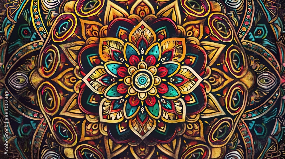 Detailed illustration of a mandala pattern with intricate designs and vibrant colors Detailed illustration of a mandala pattern with intricate designs and vibrant colors