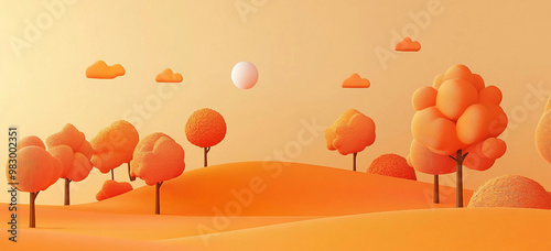  High-Resolution 3D Cartoon Background with Orange Autumn Landscape and Full Moon for Product Showcases
