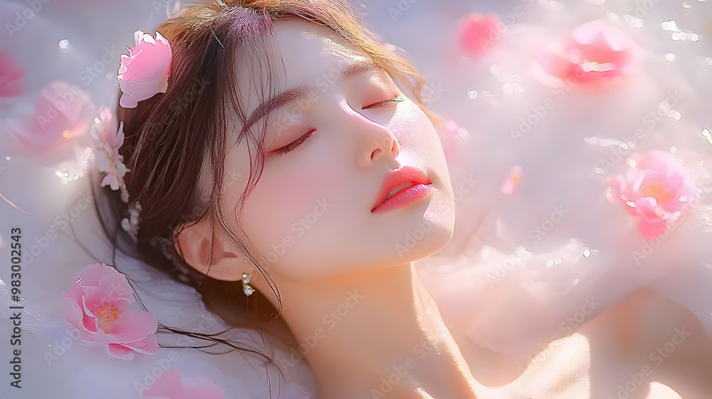 Serene Beauty Rests Amidst Delicate Pink Flowers in Soft Light Serene Beauty Rests Amidst Delicate Pink Flowers in Soft Light
