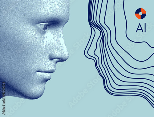 Visual contact. The concept of rivalry. Two opponents facing each other. Conflict. A digital human head made of lines and dots. Artificial intelligence concept. 3d vector for design.