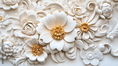 Ornate relief artwork featuring intricate white flowers with golden centers and detailed leaves and petals against a light background.