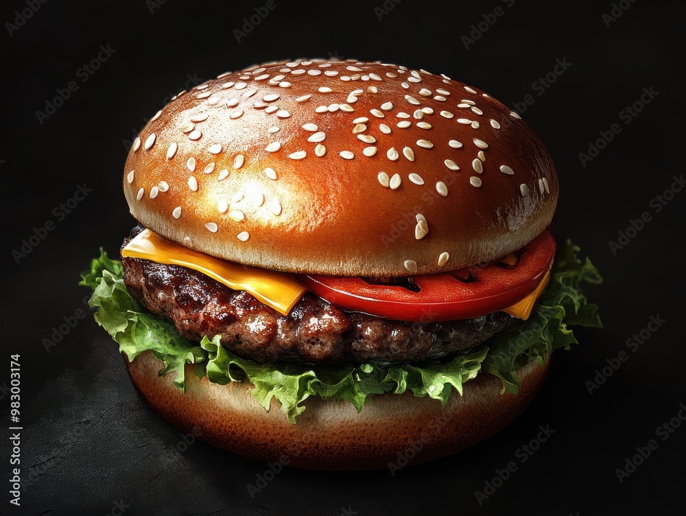 Classic cheeseburger with beef patty, cheddar cheese, lettuce, tomato, and sesame seed bun on a dark background. Classic cheeseburger with beef patty, cheddar cheese, lettuce, tomato, and sesame seed bun on a dark background.