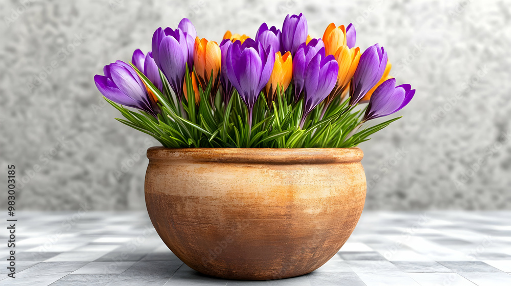 Purple and Yellow Crocuses Blooming in a Rustic Pot Purple and Yellow Crocuses Blooming in a Rustic Pot
