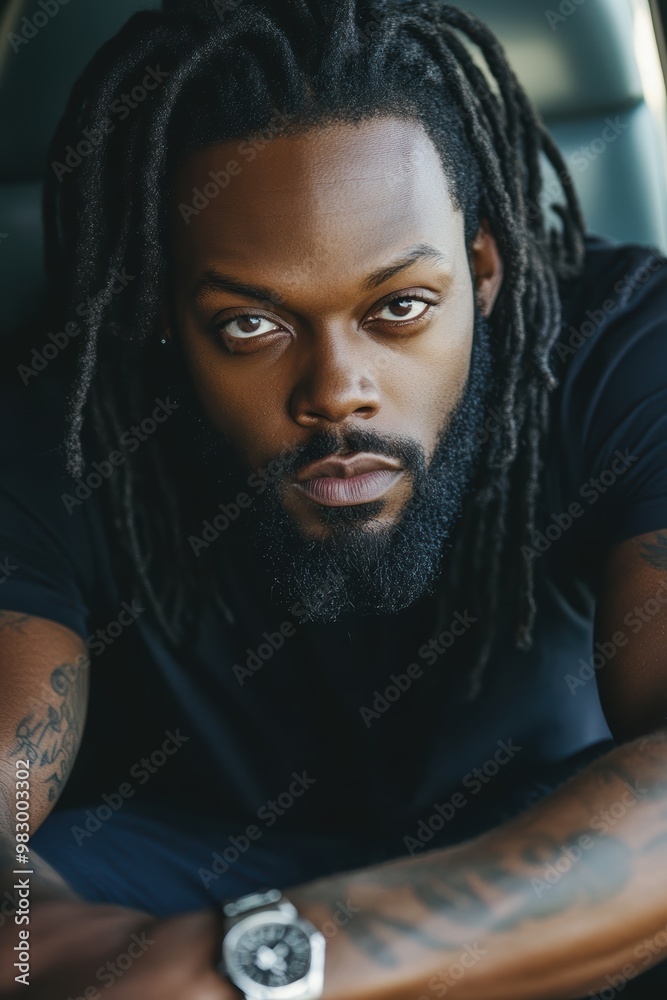 Portrait of a black man with long dreadlocks, beard, and tattoos wearing a watch while gazing intensely at the camera. Portrait of a black man with long dreadlocks, beard, and tattoos wearing a watch while gazing intensely at the camera.