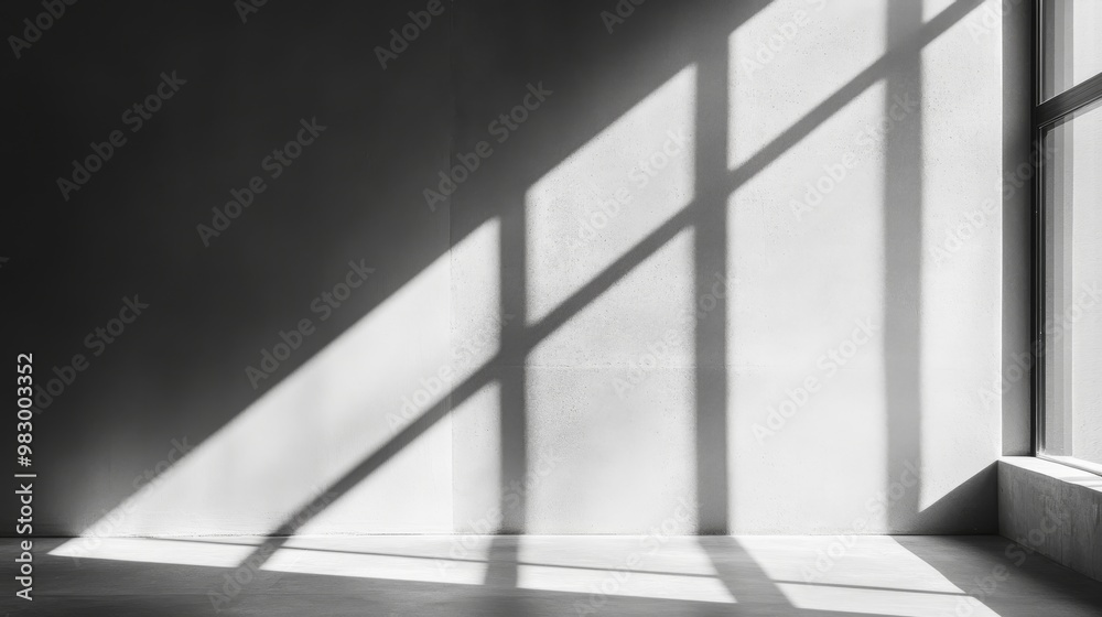 Obraz premium A close-up view highlights soft light cascading through a minimalist window, casting long shadows on a neutral wall, evoking a tranquil atmosphere