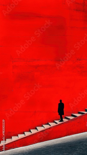Wallpaper Mural Silhouette of a person ascending a staircase against a bold red backdrop with minimalist composition. Torontodigital.ca