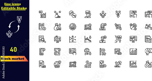 Stock market stroke icon set, featuring icons for stocks, stock exchange, financial goals, shares, investments, bull and bear markets, and other investment-related elements.