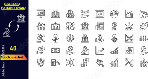 Stock market stroke icon set, featuring icons for stocks, stock exchange, financial goals, shares, investments, bull and bear markets, and other investment-related elements.